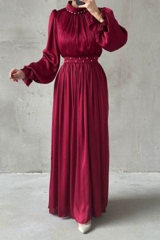 Flowing Satin Fabric Pearl Detailed Modest Evening Dress Burgundy