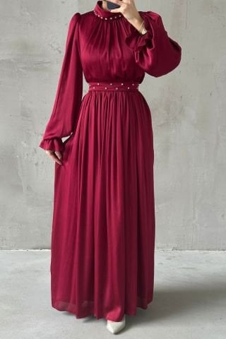 Flowing Satin Fabric Pearl Detailed Modest Evening Dress Burgundy