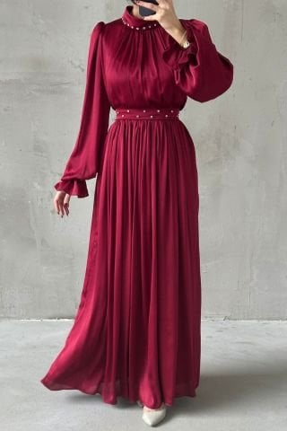 Flowing Satin Fabric Pearl Detailed Modest Evening Dress Burgundy