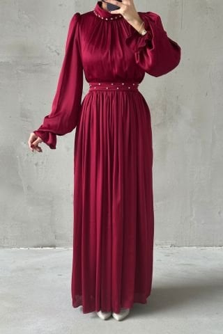 Flowing Satin Fabric Pearl Detailed Modest Evening Dress Burgundy