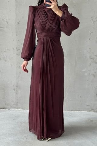 Zarif Tasarım Tesettür Abiye Kahverengi