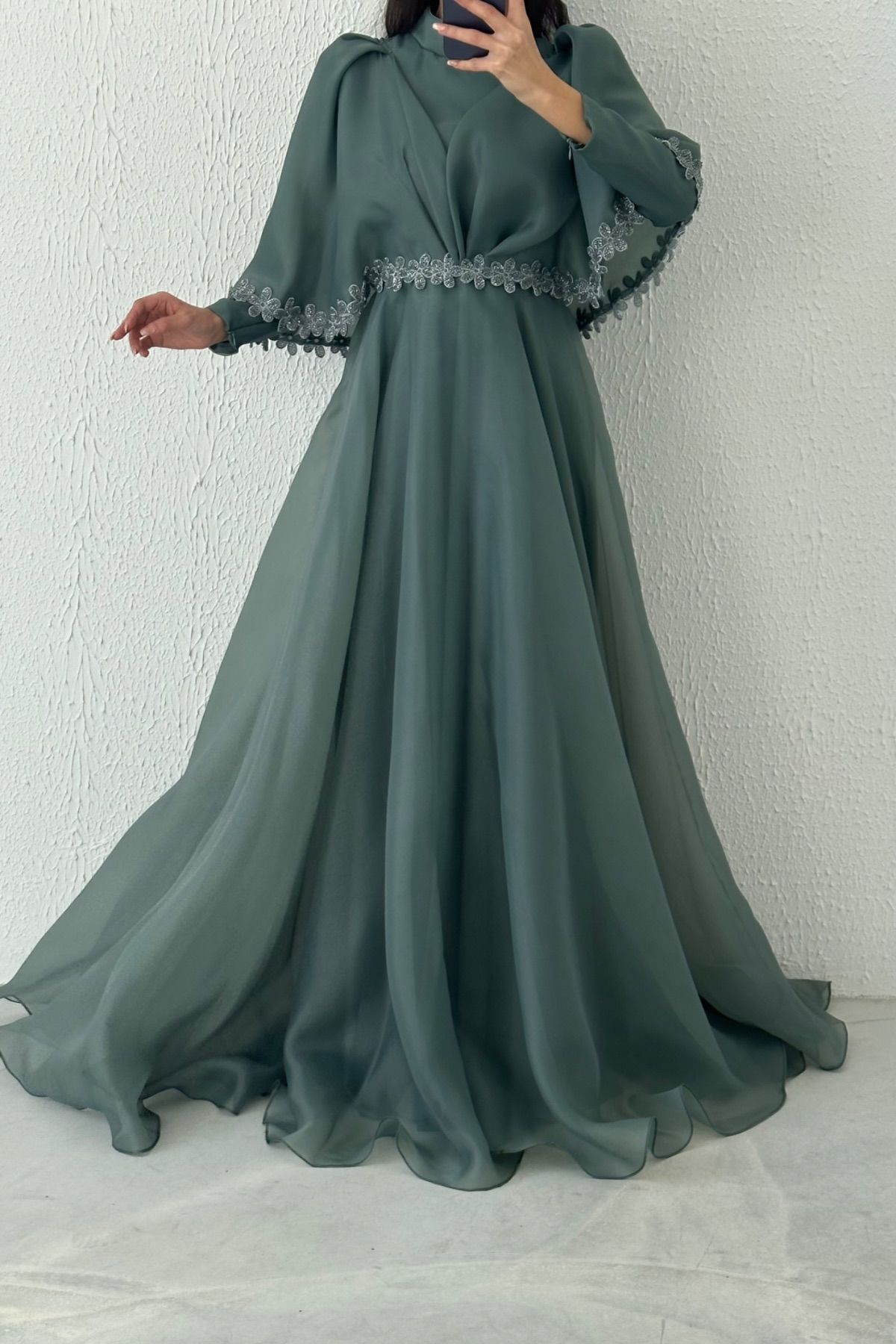 Unique Organza Hijab Evening Dress Mint Green with Embroidery Details