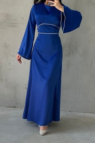 Flounce Sleeve Satin Hijab Evening Dress with Pearl Stone Detail on Sleeves and Waist, Saxe Blue