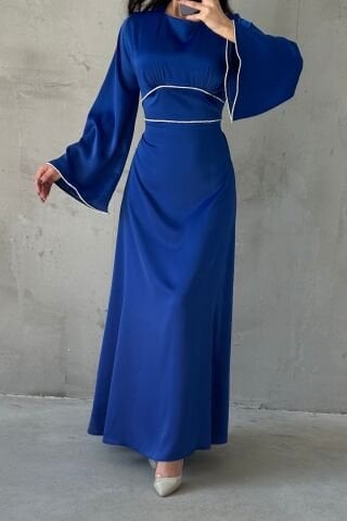 Flounce Sleeve Satin Hijab Evening Dress with Pearl Stone Detail on Sleeves and Waist, Saxe Blue