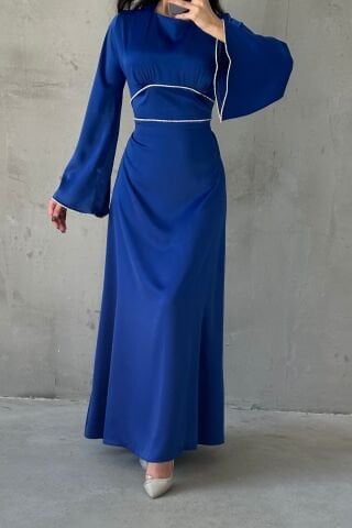 Flounce Sleeve Satin Hijab Evening Dress with Pearl Stone Detail on Sleeves and Waist, Saxe Blue