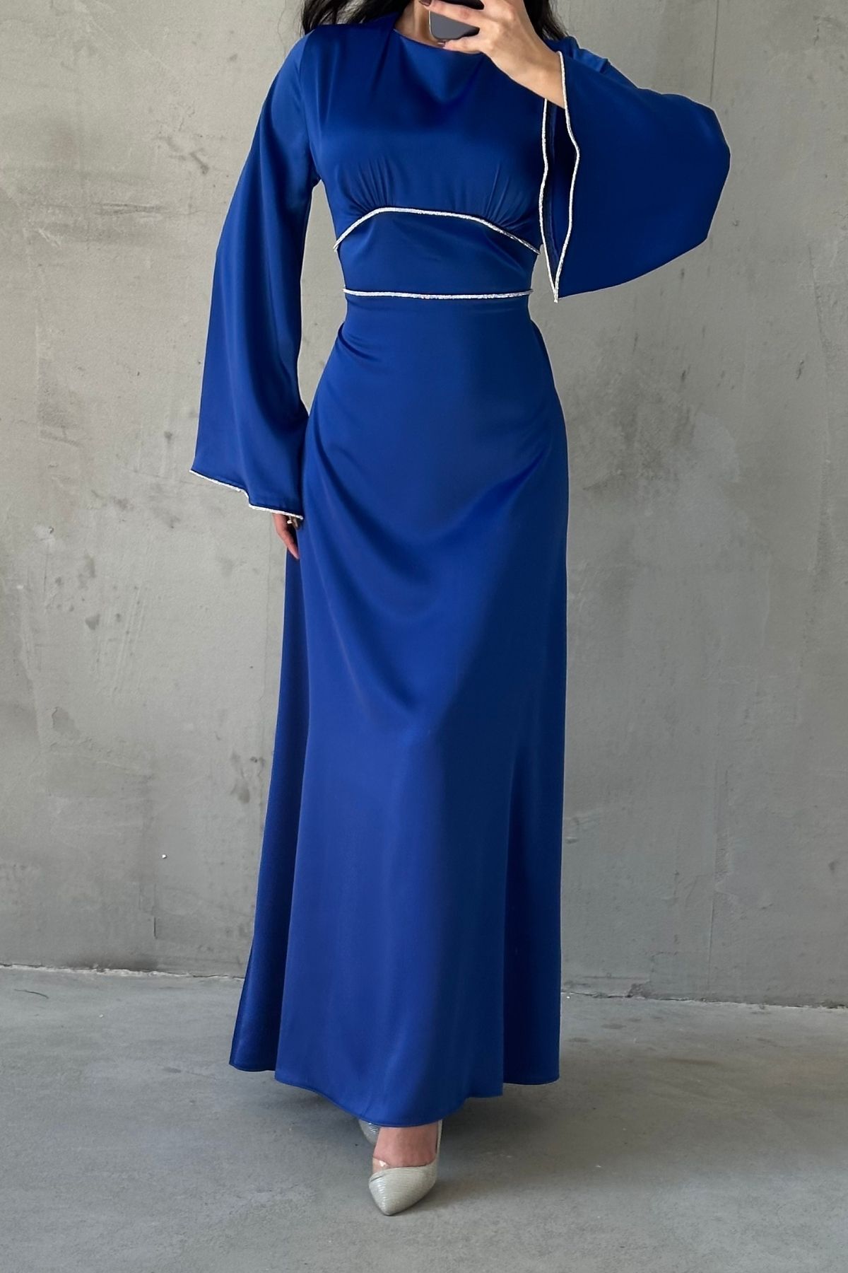 Flounce Sleeve Satin Hijab Evening Dress with Pearl Stone Detail on Sleeves and Waist, Saxe Blue