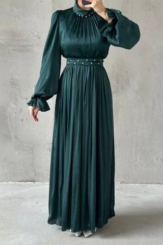Flowing Satin Fabric Pearl Detailed Hijab Evening Dress Green
