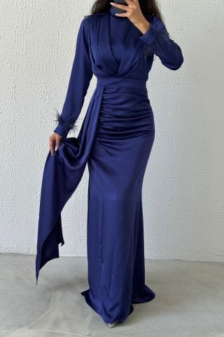 Magnificent Elegance: Feathered Satin Hijab Evening Dress with Tail Detail, Navy Blue