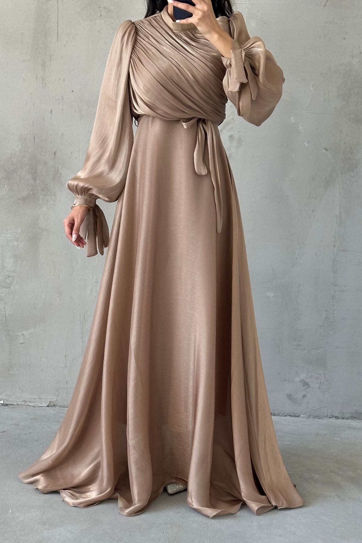 Drapeli Kuşak Detaylı Janjan Kumaş Tesettür Abiye Bakır