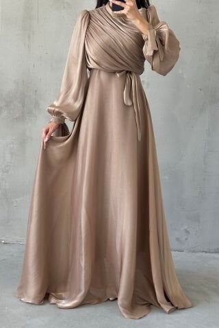 Drapeli Kuşak Detaylı Janjan Kumaş Tesettür Abiye Bakır