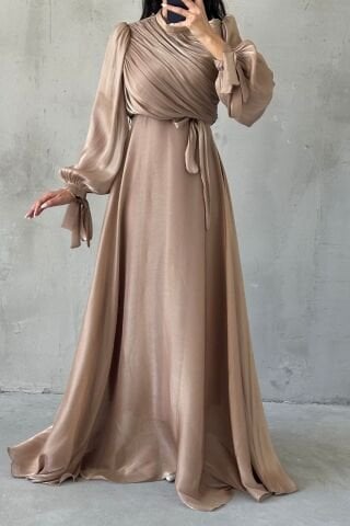 Drapeli Kuşak Detaylı Janjan Kumaş Tesettür Abiye Bakır