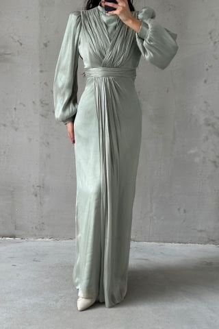 Zarif Tasarım Tesettür Abiye Mint Yeşili