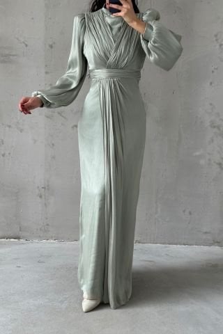 Zarif Tasarım Tesettür Abiye Mint Yeşili