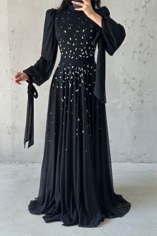 Boydan Taş İşlemeli Kol Detaylı Tesettür Abiye Siyah