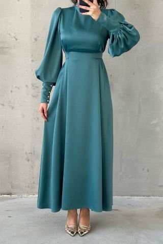 Balloon Sleeve Pearl Detailed Satin Modest Evening Dress Mint Green