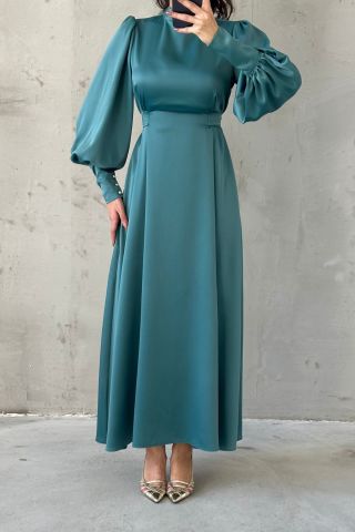 Balloon Sleeve Pearl Detailed Satin Modest Evening Dress Mint Green
