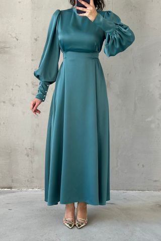 Balloon Sleeve Pearl Detailed Satin Modest Evening Dress Mint Green