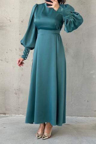 Balloon Sleeve Pearl Detailed Satin Modest Evening Dress Mint Green