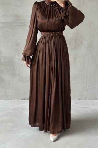 Flowing Satin Fabric Pearl Detailed Hijab Evening Dress Brown