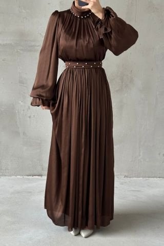 Flowing Satin Fabric Pearl Detailed Hijab Evening Dress Brown