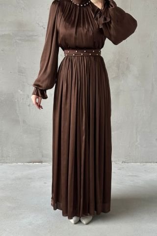 Flowing Satin Fabric Pearl Detailed Hijab Evening Dress Brown