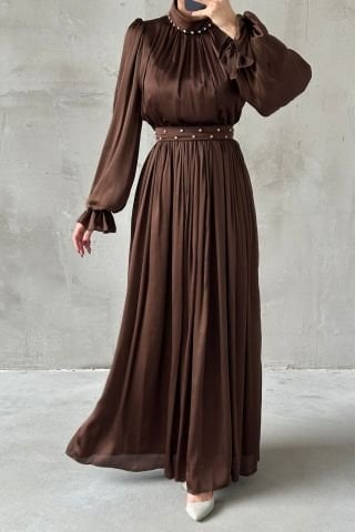 Flowing Satin Fabric Pearl Detailed Hijab Evening Dress Brown