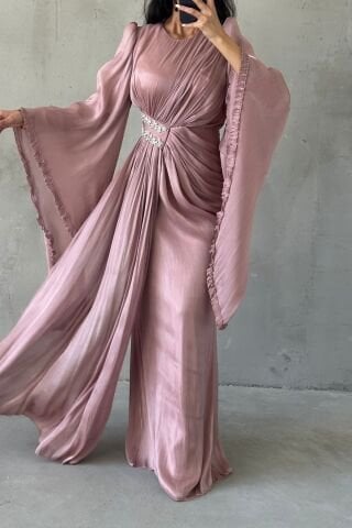 Janjan Hijab Evening Dress with Sparkling Sleeve Detail Dusty Rose