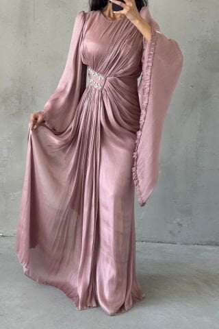 Janjan Hijab Evening Dress with Sparkling Sleeve Detail Dusty Rose