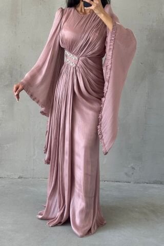 Janjan Hijab Evening Dress with Sparkling Sleeve Detail Dusty Rose