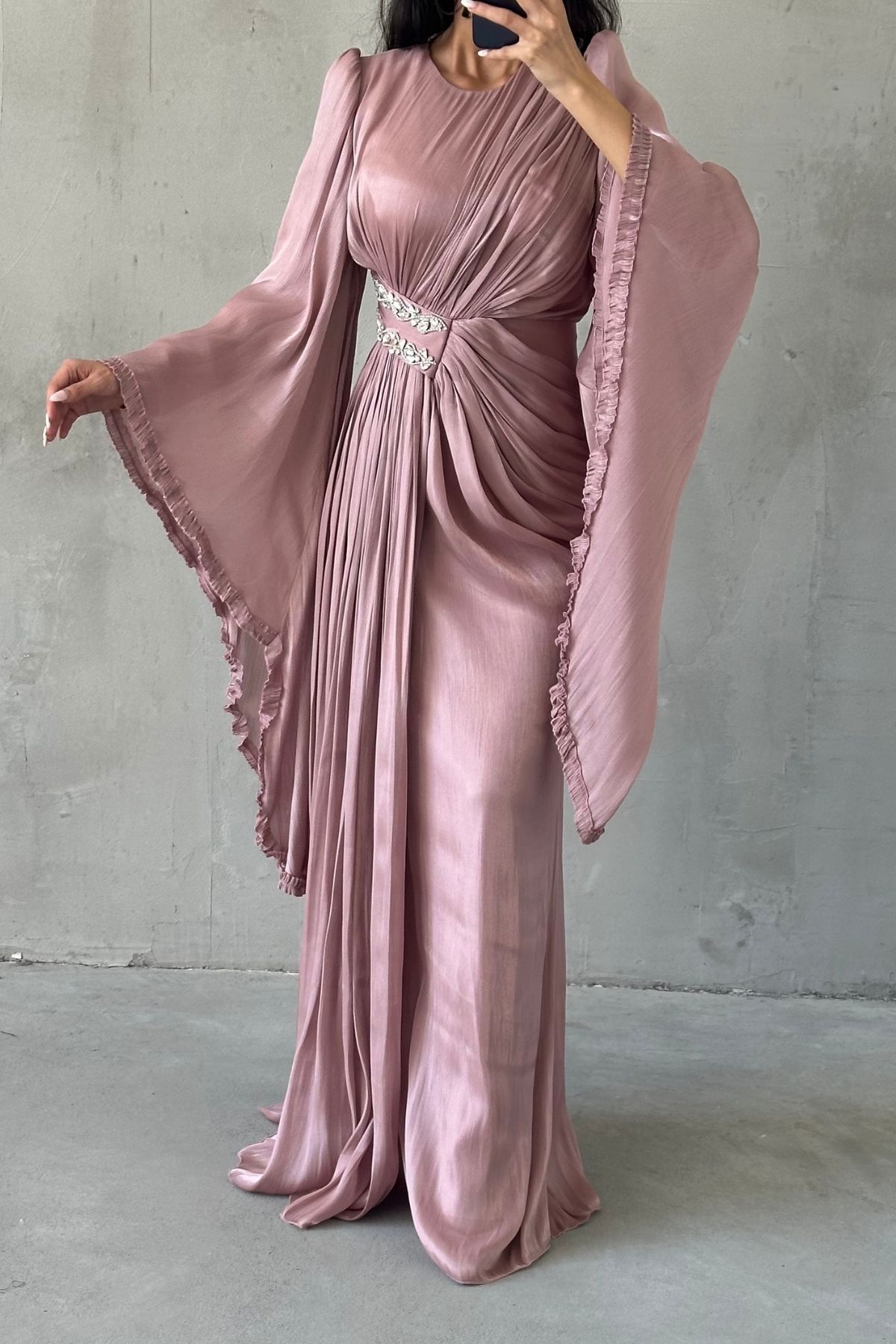 Janjan Hijab Evening Dress with Sparkling Sleeve Detail Dusty Rose