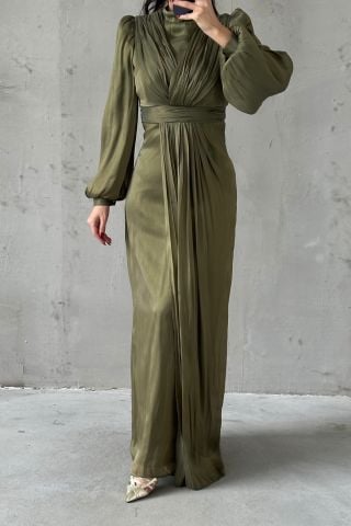 Zarif Tasarım Tesettür Abiye Haki