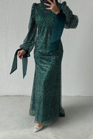 Şık Tasarım Kol Ucu Bağlamalı Yeşil Tesettür Abiye