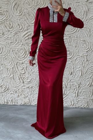 Jeweled Elegance: Satin Hijab Evening Dress with Sleeves and Stone Collar Claret Red