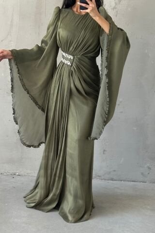 Işıltılı Kol Detaylı Janjan Tesettür Abiye Haki