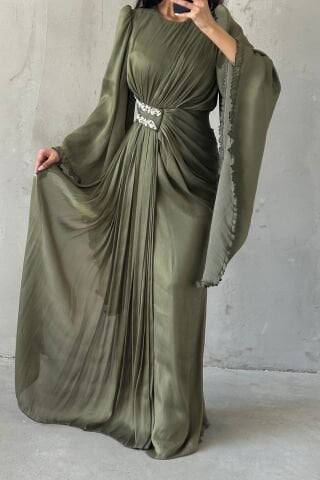 Işıltılı Kol Detaylı Janjan Tesettür Abiye Haki