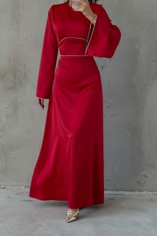 Kolları ve Beli İnci Taş Detaylı  Volan Kol Saten Tesettür Abiye Kırmızı