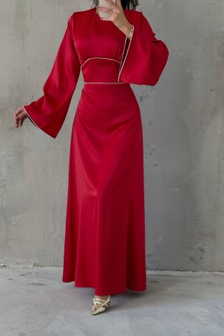 Kolları ve Beli İnci Taş Detaylı  Volan Kol Saten Tesettür Abiye Kırmızı