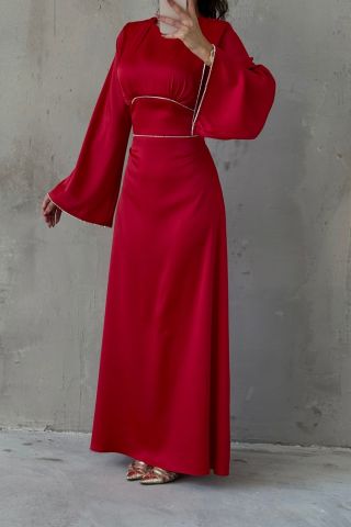Kolları ve Beli İnci Taş Detaylı  Volan Kol Saten Tesettür Abiye Kırmızı