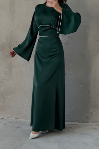 Flounce Sleeve Satin Hijab Evening Dress Green with Pearl Stone Detail on Sleeves and Waist