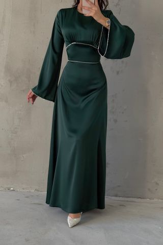 Flounce Sleeve Satin Hijab Evening Dress Green with Pearl Stone Detail on Sleeves and Waist