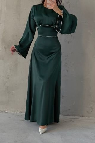 Flounce Sleeve Satin Hijab Evening Dress Green with Pearl Stone Detail on Sleeves and Waist