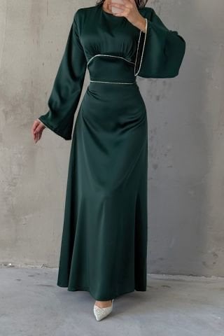 Flounce Sleeve Satin Hijab Evening Dress Green with Pearl Stone Detail on Sleeves and Waist