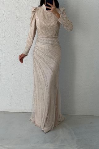 Elegant Embroidered Unique Satin Hijab Evening Dress Stone
