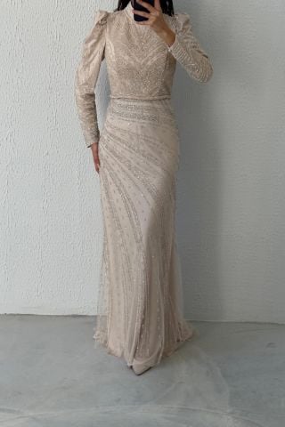 Elegant Embroidered Unique Satin Hijab Evening Dress Stone