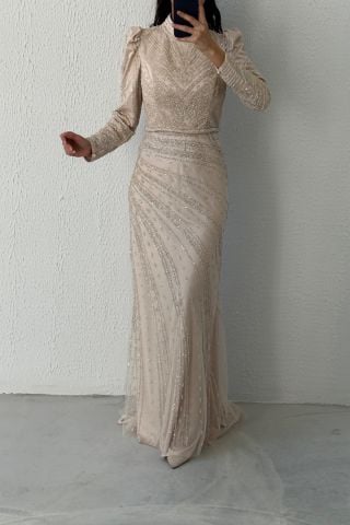 Elegant Embroidered Unique Satin Hijab Evening Dress Stone
