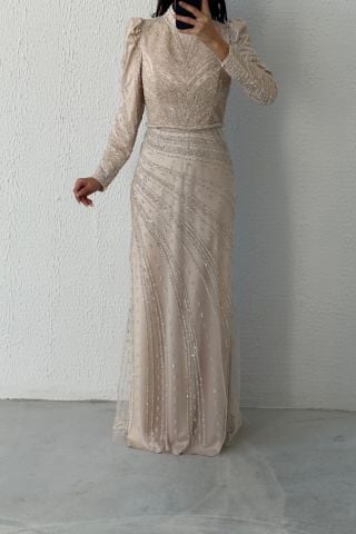 Elegant Embroidered Unique Satin Hijab Evening Dress Stone