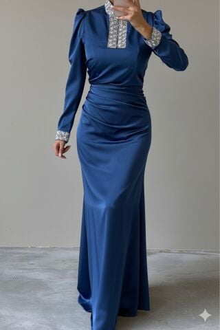 Jeweled Elegance: Satin Hijab Evening Dress with Sleeves and Stone Collar, Indigo