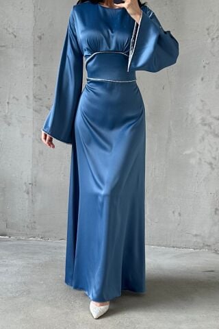 Pearl Stone Detailed Sleeves and Waist Flounce Sleeve Satin Hijab Evening Dress Indigo