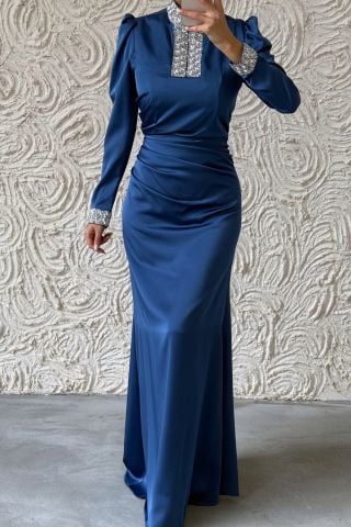 Jeweled Elegance: Satin Hijab Evening Dress with Sleeves and Stone Collar, Indigo