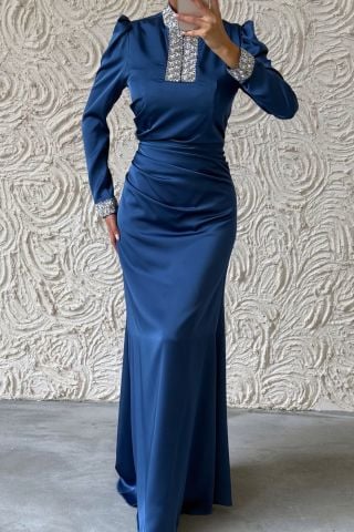 Jeweled Elegance: Satin Hijab Evening Dress with Sleeves and Stone Collar, Indigo